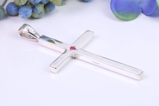 Natural Ruby set Very Large 50 mm Long Chunky Cross, High Polished Finish, Made From Solid Cast Silver, British Hallmarked