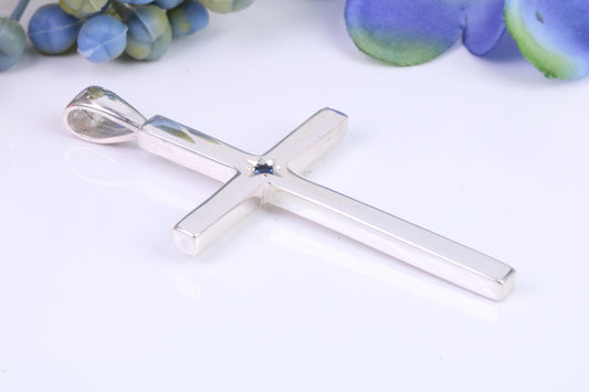 Natural Sapphire set Very Large 50 mm Long Chunky Cross, High Polished Finish, Made From Solid Cast Silver, British Hallmarked