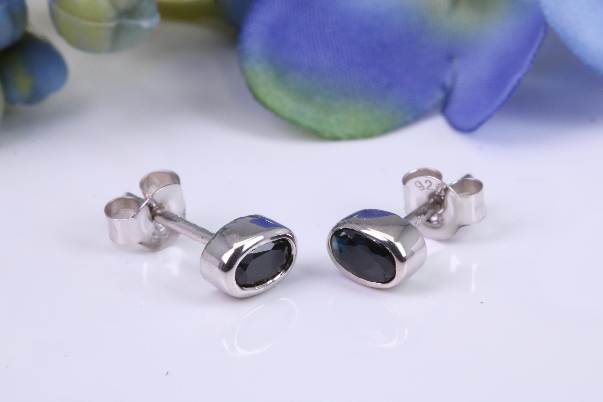 Black Oval cut Cubic Zirconia set Stud Earrings, Made from Solid Cast Sterling Silver