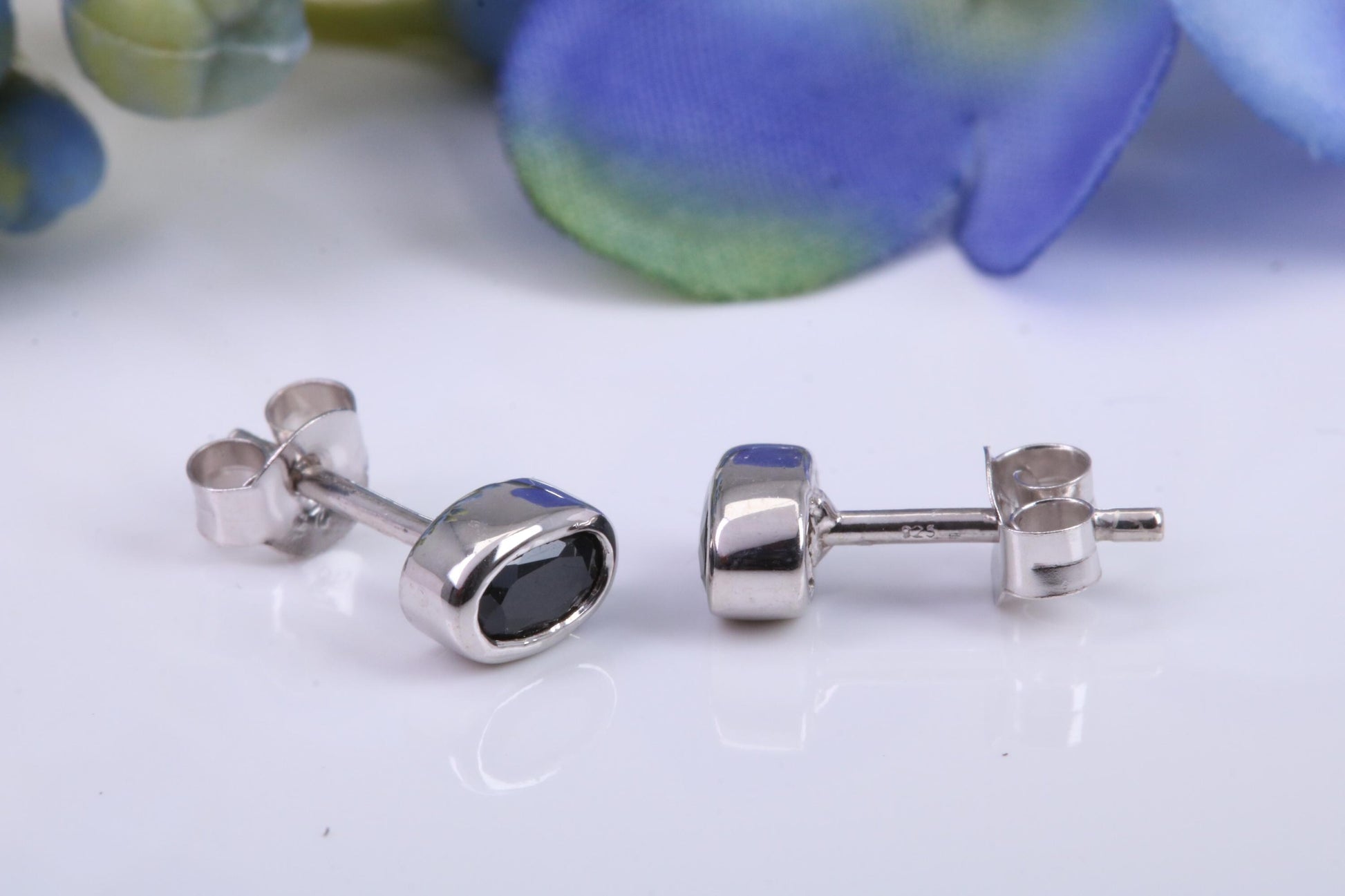 Black Oval cut Cubic Zirconia set Stud Earrings, Made from Solid Cast Sterling Silver