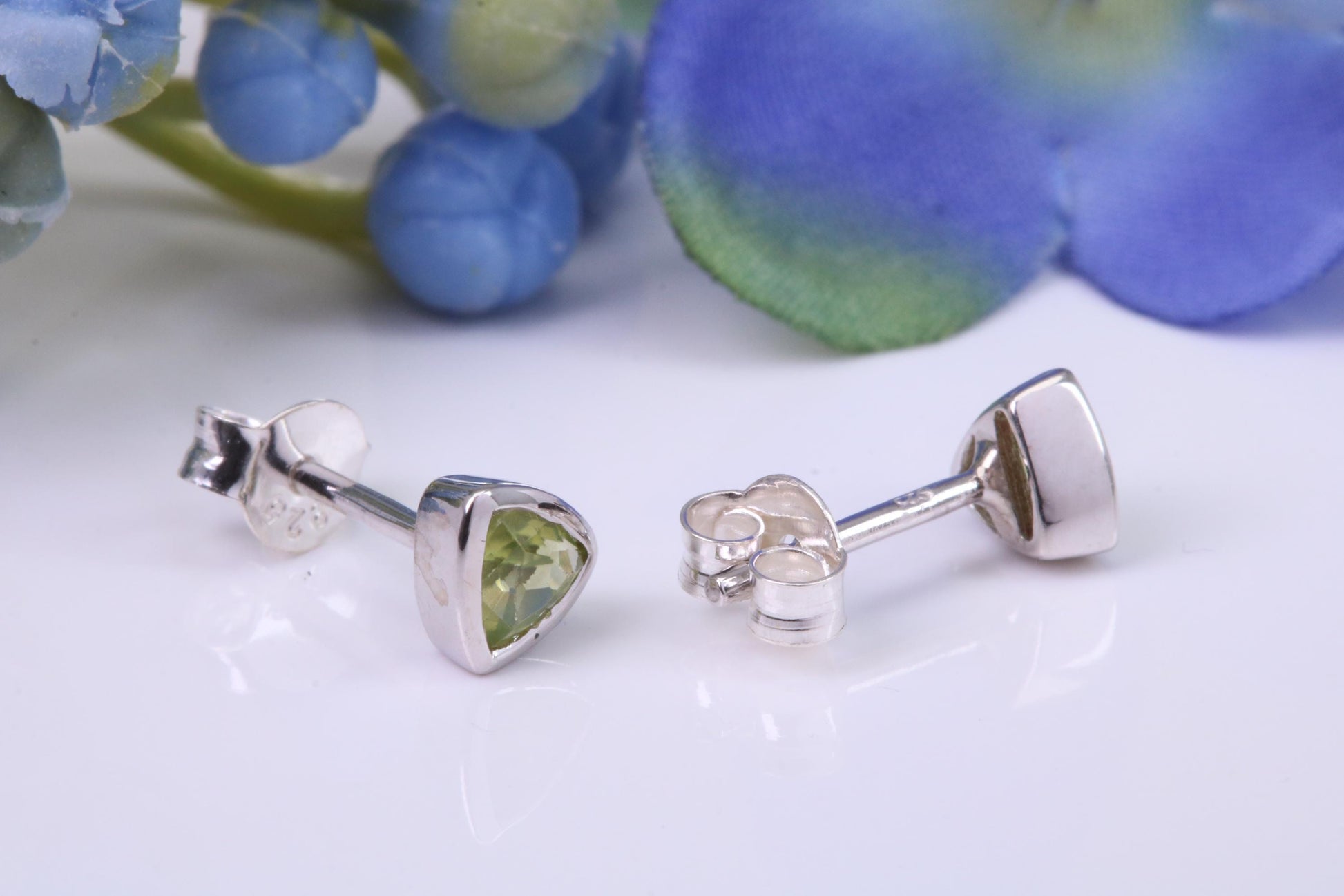 Real Trillion cut Peridot set Stud Earrings, Very Dressy, Made from Solid 925 Grade Sterling Silver