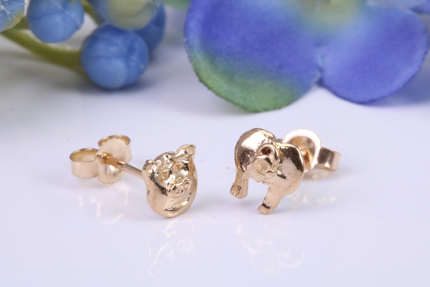 Pig Face and Pig Bum stud earrings, made from solid cast yellow gold