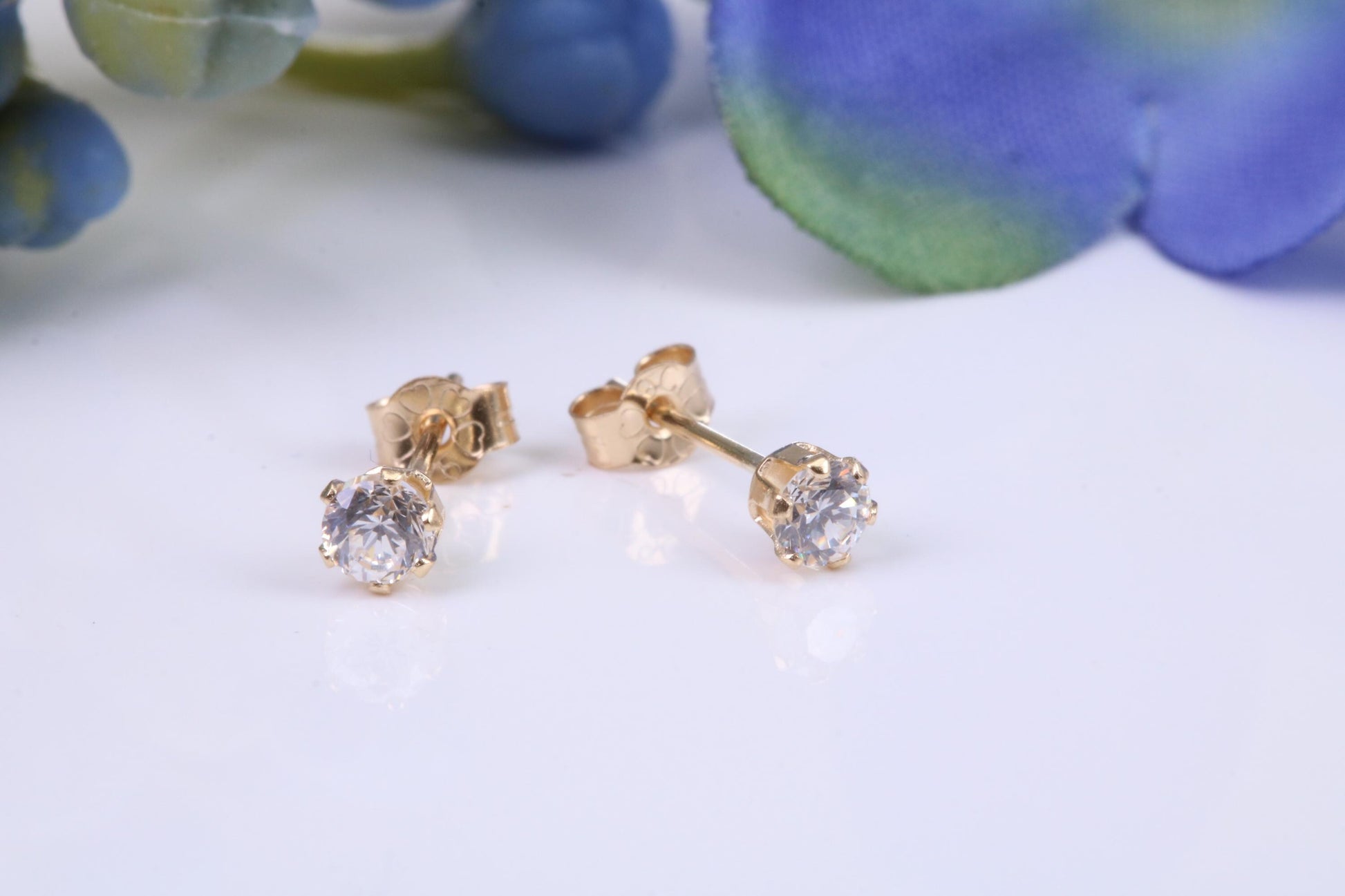 Small 3 mm Round Cubic Zirconia set Stud Earrings, Made from Solid 9ct Yellow Gold