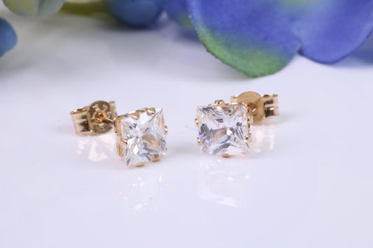 5 mm Square Cubic Zirconia set Six Claw set Stud Earrings, Made from Solid 9ct Yellow Gold