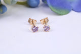 Small 3 mm Round Amethyst Cubic Zirconia set Stud Earrings, Made from Solid 9ct Yellow Gold