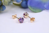 Small 4 mm Round Amethyst Cubic Zirconia set Stud Earrings, Made from Solid 9ct Yellow Gold