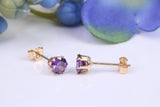 Small 4 mm Round Amethyst Cubic Zirconia set Stud Earrings, Made from Solid 9ct Yellow Gold