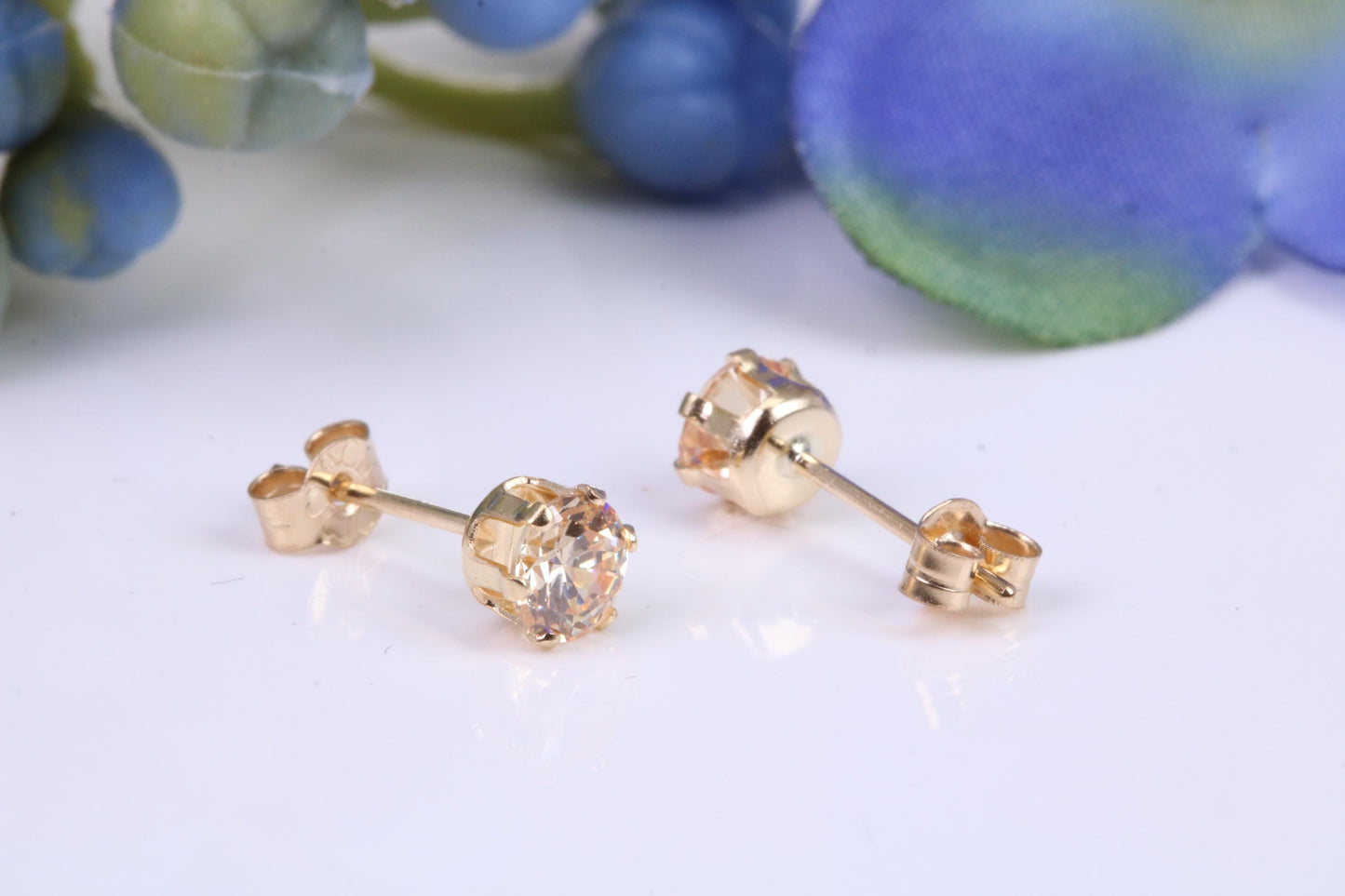 4 mm Round Champagne Coloured Cubic Zirconia Six Claw set Stud Earrings, Made from Solid 9ct Yellow Gold