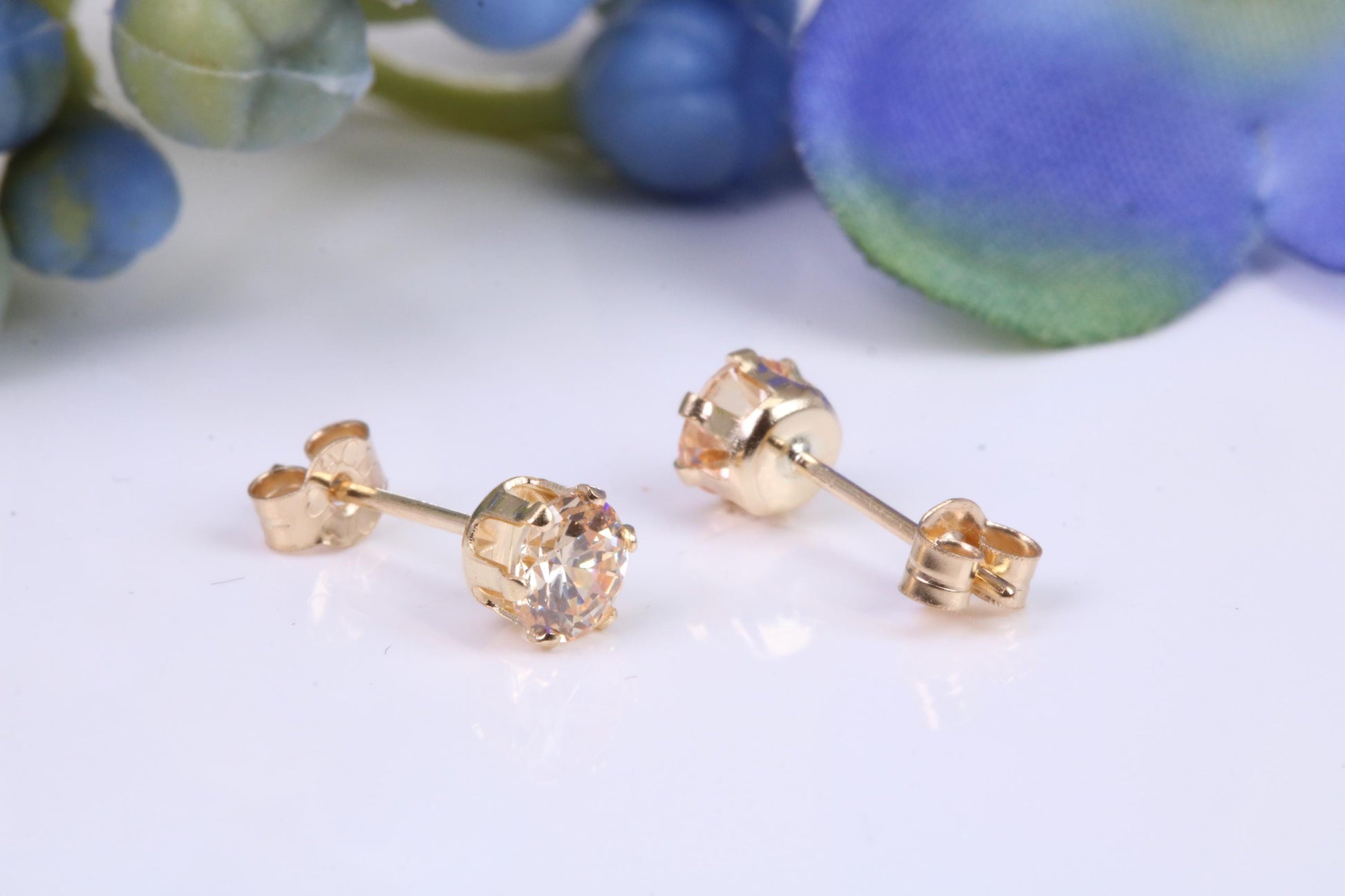 4 mm Round Champagne Coloured Cubic Zirconia Six Claw set Stud Earrings, Made from Solid 9ct Yellow Gold