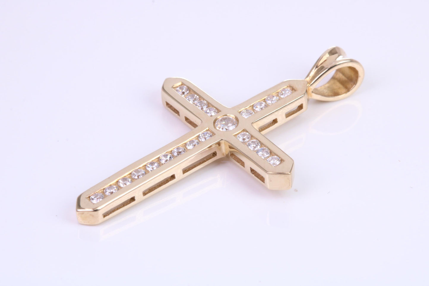 38 mm Long Yellow Gold Cubic Zirconia set Cross, British Hallmarked, Gold and Diamond Look