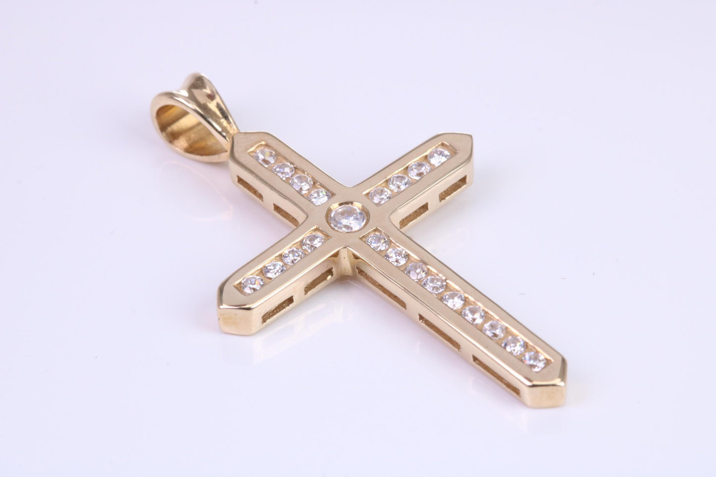 38 mm Long Yellow Gold Cubic Zirconia set Cross, British Hallmarked, Gold and Diamond Look
