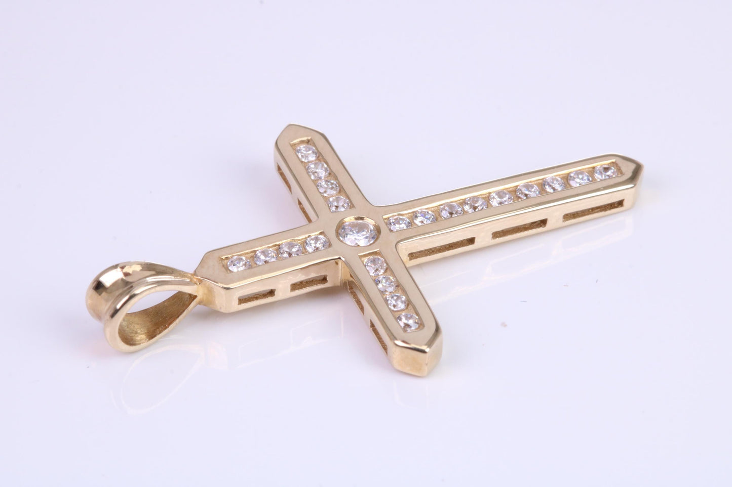 38 mm Long Yellow Gold Cubic Zirconia set Cross, British Hallmarked, Gold and Diamond Look