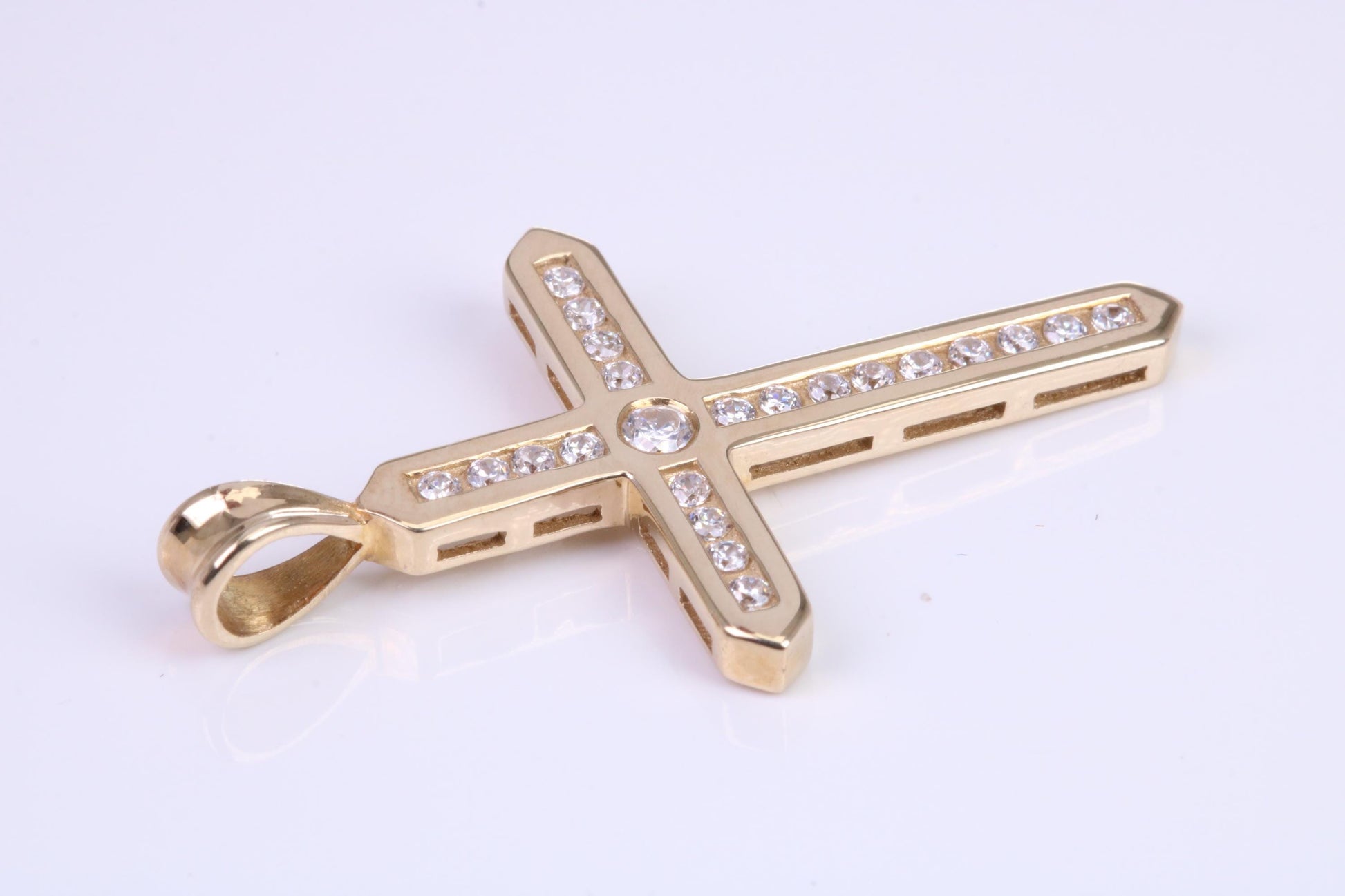 38 mm Long Yellow Gold Cubic Zirconia set Cross, British Hallmarked, Gold and Diamond Look
