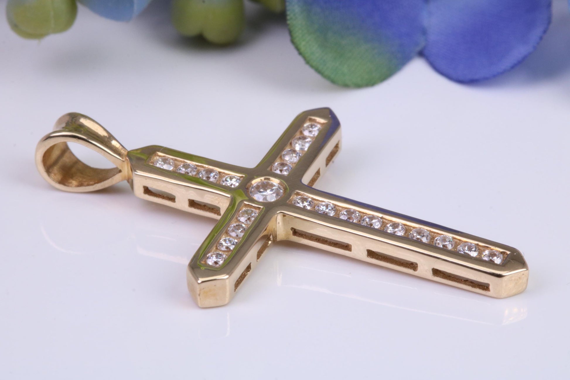 38 mm Long Yellow Gold Cubic Zirconia set Cross, British Hallmarked, Gold and Diamond Look