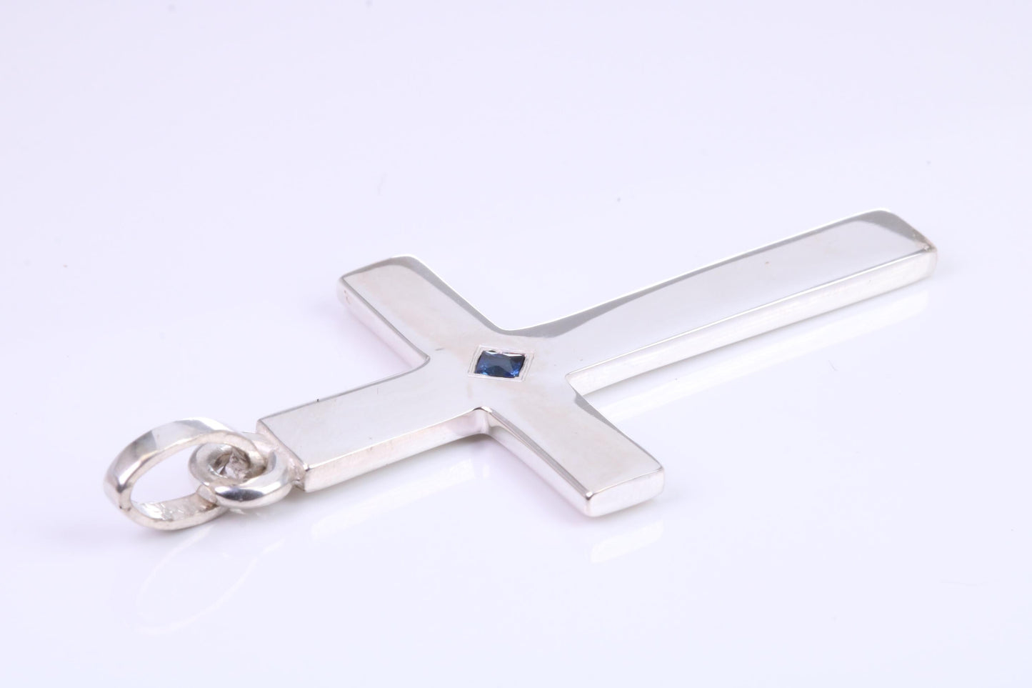 Very Large 60 mm Long Chunky Cross set with Natural Square cut Sapphire, Made From Solid Cast Silver, British Hallmarked