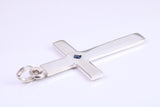 Very Large 60 mm Long Chunky Cross set with Natural Square cut Sapphire, Made From Solid Cast Silver, Complete with Belcher Chain