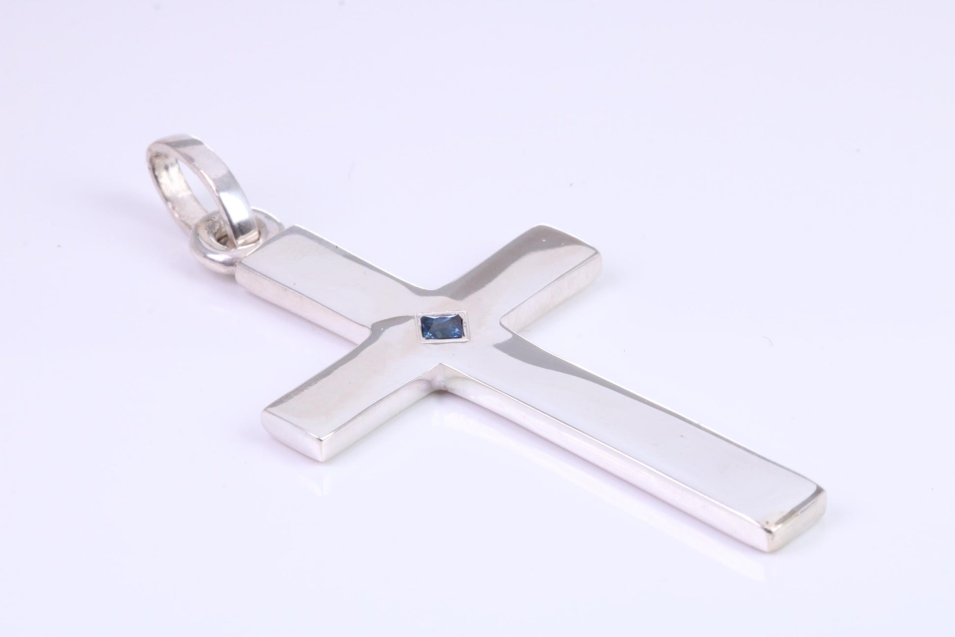 Very Large 60 mm Long Chunky Cross set with Natural Square cut Sapphire, Made From Solid Cast Silver, British Hallmarked
