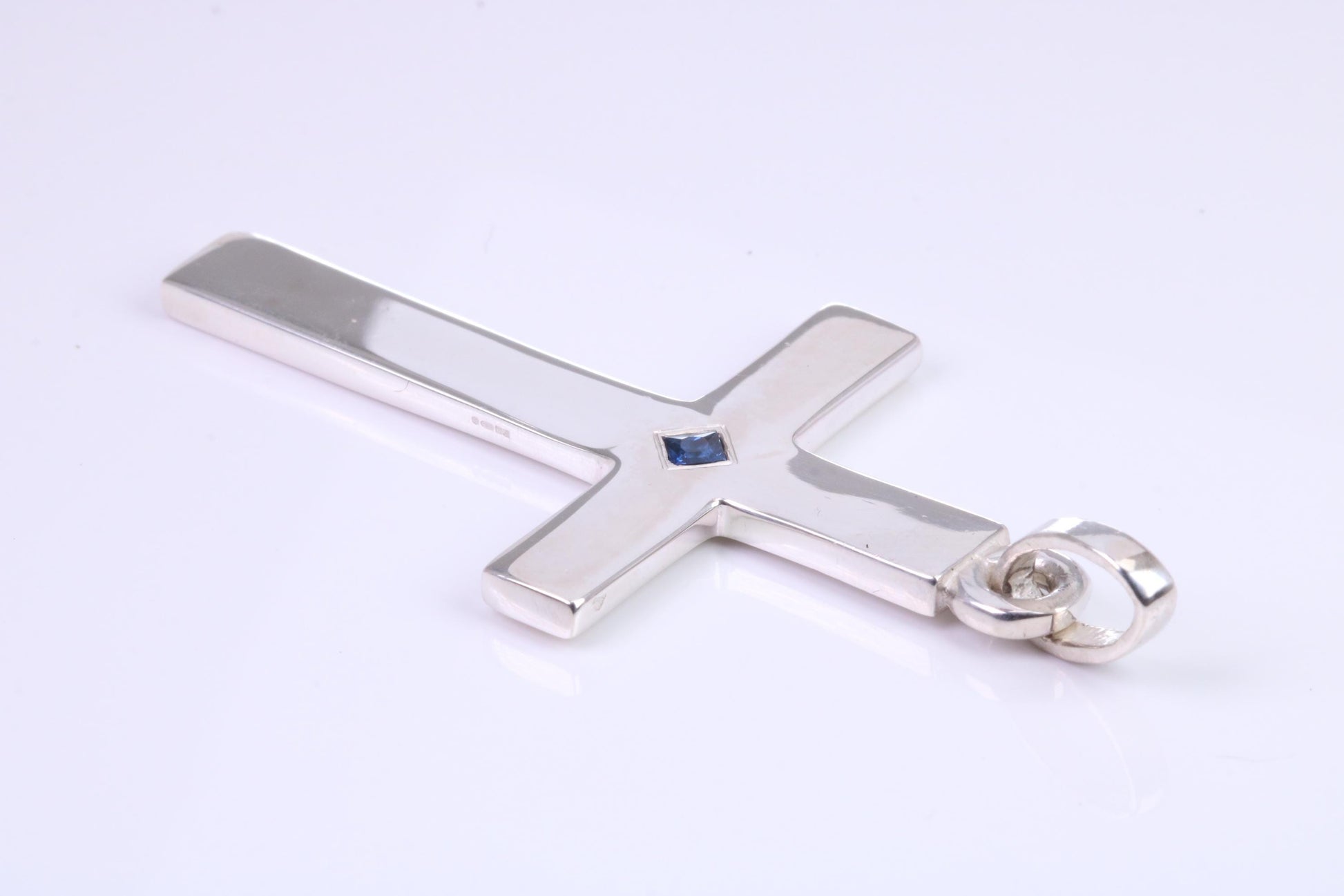 Very Large 60 mm Long Chunky Cross set with Natural Square cut Sapphire, Made From Solid Cast Silver, British Hallmarked