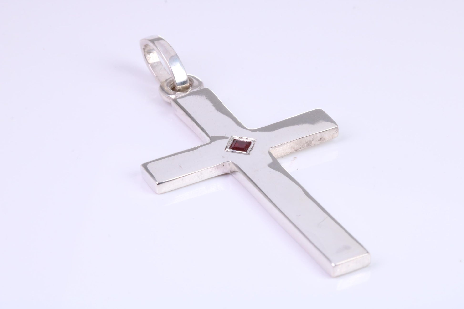 Very Large 60 mm Long Chunky Cross set with Natural Square cut Ruby, Made From Solid Cast Silver, British Hallmarked