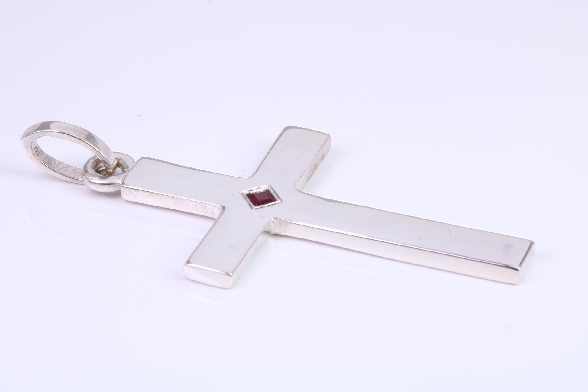 Very Large 60 mm Long Chunky Cross set with Natural Square cut Ruby, Made From Solid Cast Silver, British Hallmarked