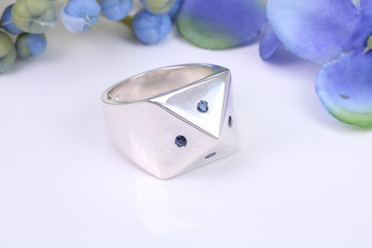 Blue Sapphire set Small and heavy Pyramid ring, made from solid cast silver, British Hallmarked
