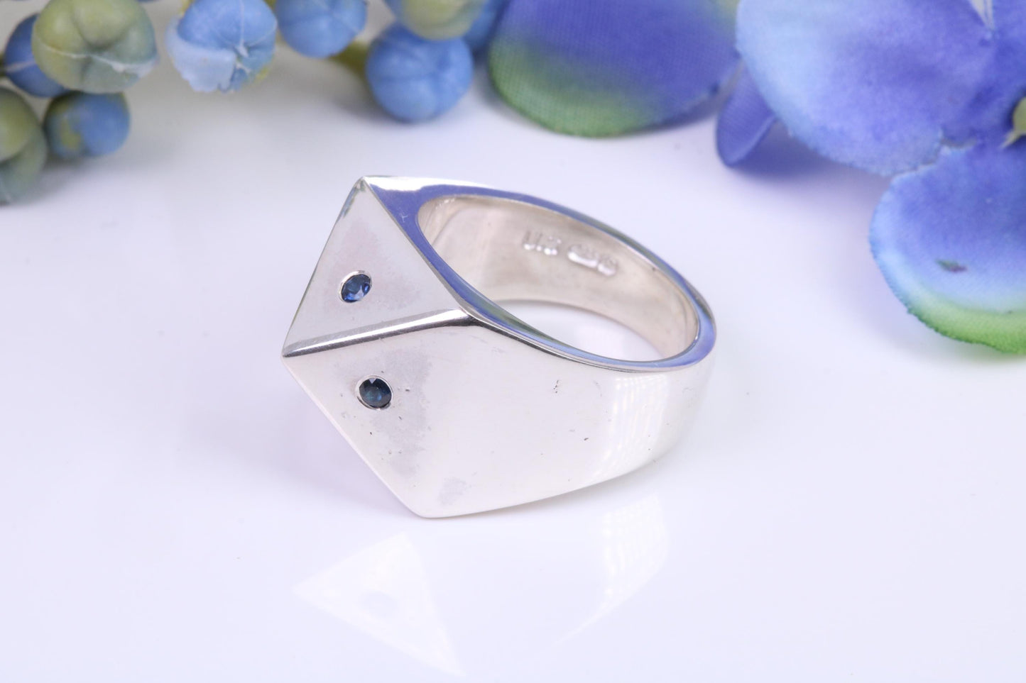 Blue Sapphire set Small and heavy Pyramid ring, made from solid cast silver, British Hallmarked
