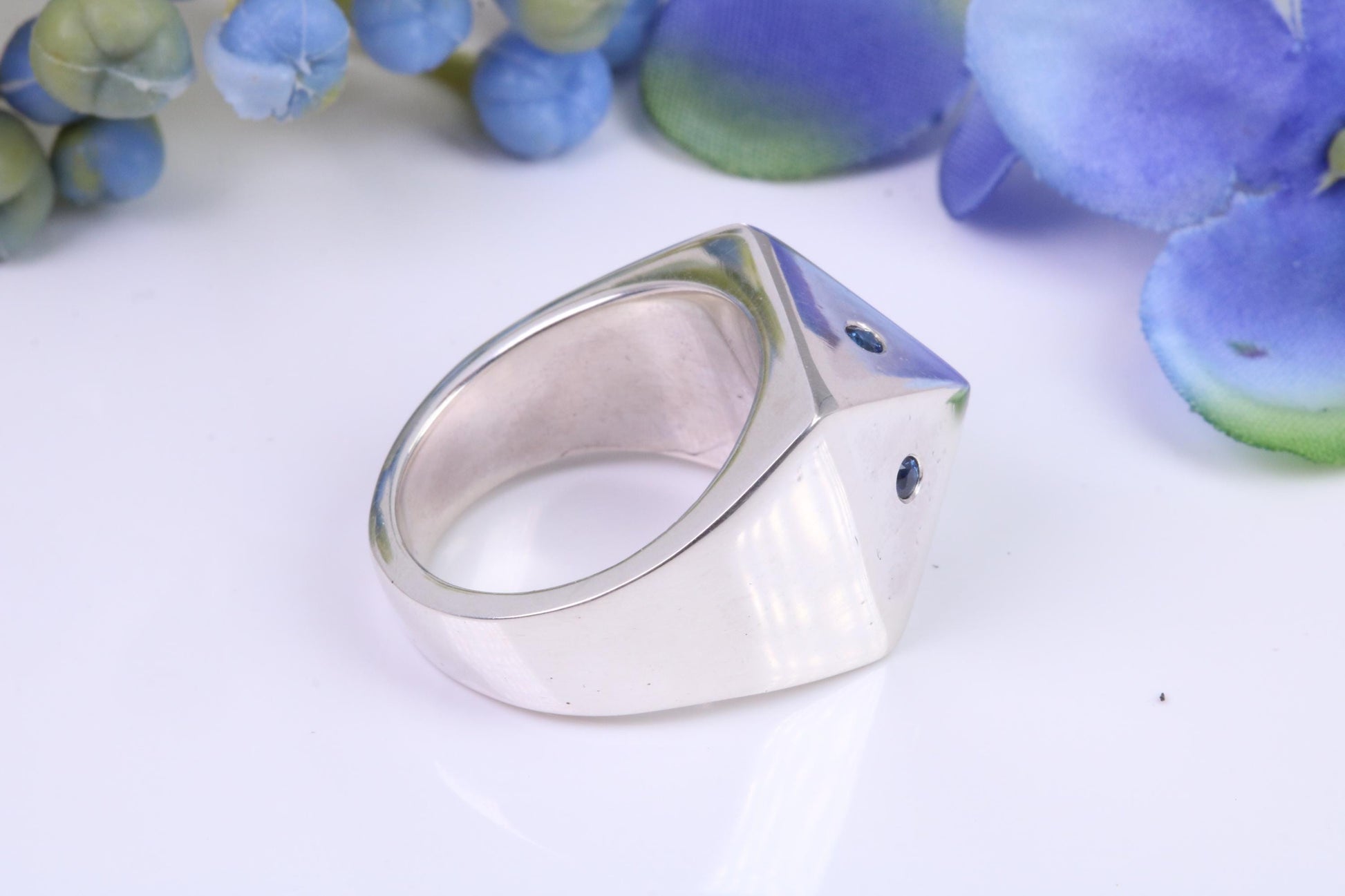 Blue Sapphire set Small and heavy Pyramid ring, made from solid cast silver, British Hallmarked