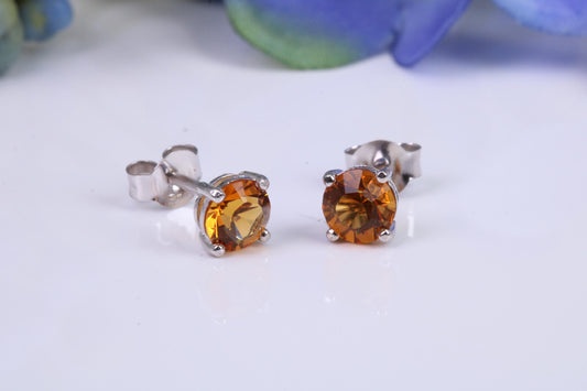 5 mm Round Citrine Cubic Zirconia set Stud Earrings, Made from Solid Cast Sterling Silver