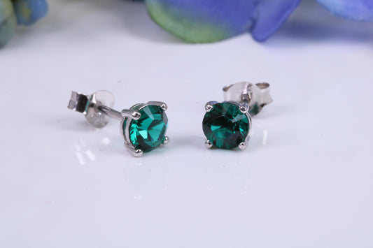 5 mm Round Emerald Green Cubic Zirconia set Stud Earrings, Made from Solid Cast Sterling Silver