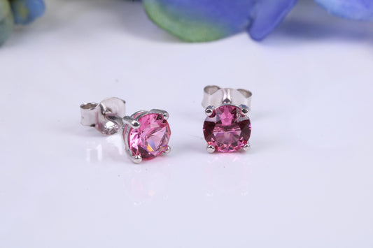 5 mm Round Pink Sapphire Cubic Zirconia set Stud Earrings, Made from Solid Cast Sterling Silver
