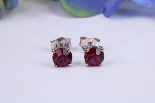 5 mm Round Ruby Red Cubic Zirconia set Stud Earrings, Made from Solid Cast Sterling Silver