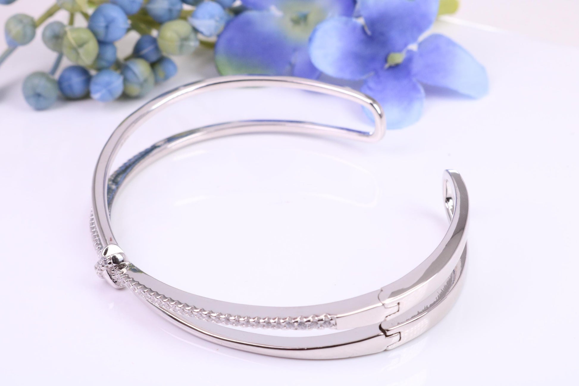Oval Diamond White Cubic Zirconia set Solid Silver Open Ended Bangle