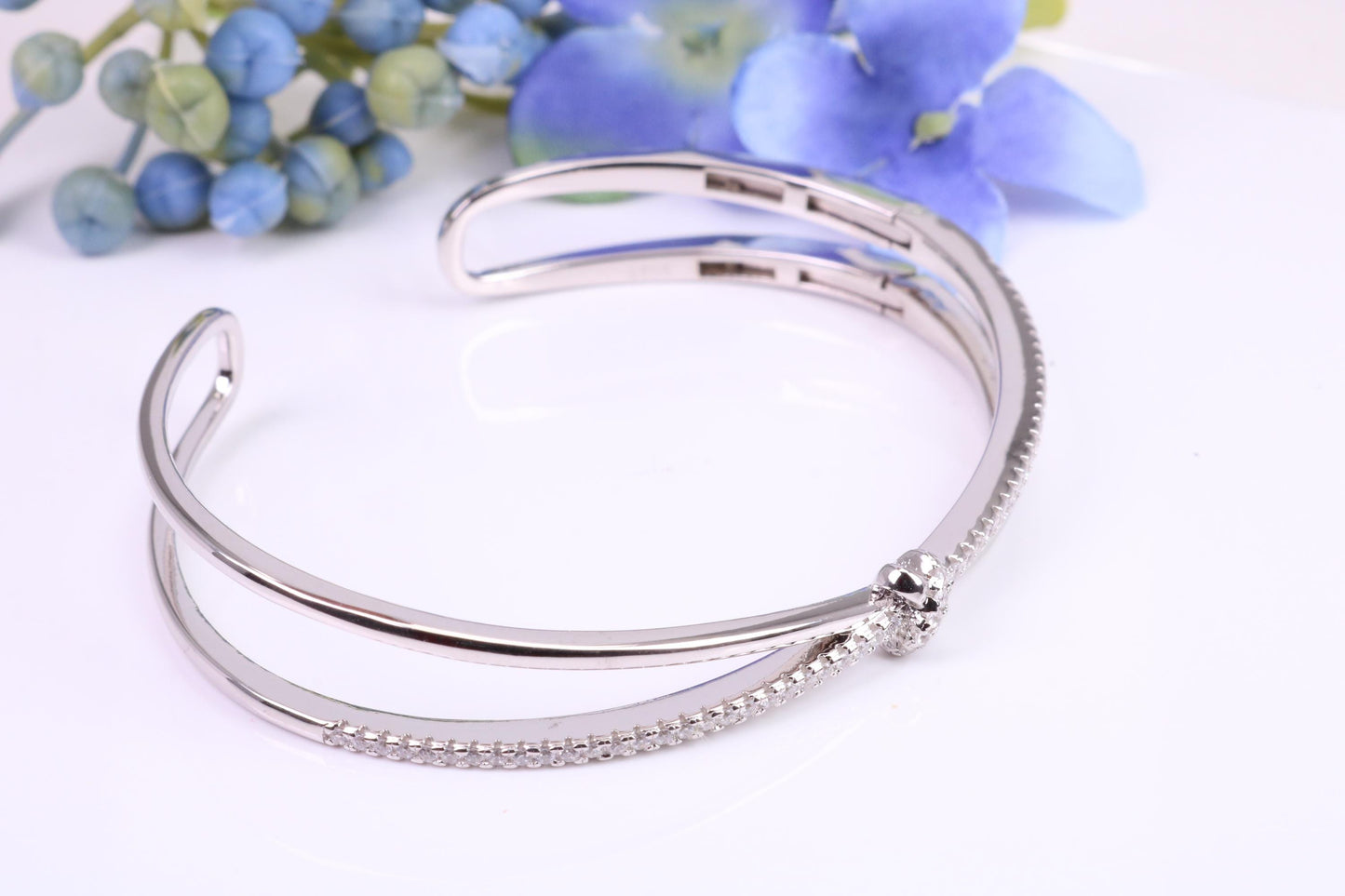 Oval Diamond White Cubic Zirconia set Solid Silver Open Ended Bangle
