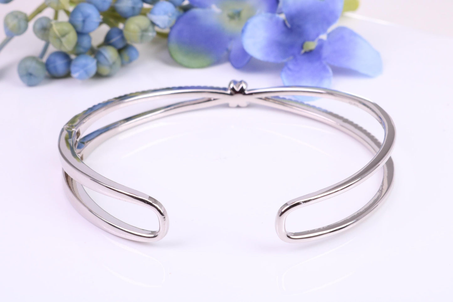 Oval Diamond White Cubic Zirconia set Solid Silver Open Ended Bangle