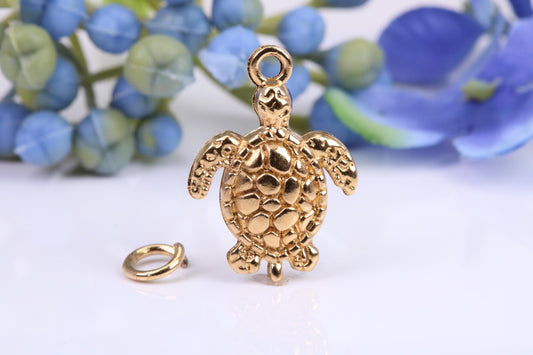 Turtle Charm, Made from Solid 9ct Yellow Gold, British Hallmarked, Complete with Attachment Link