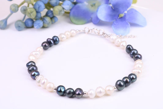 Black and White Pearl Bracelet, made from Sterling Silver with Length Adjustable Chain