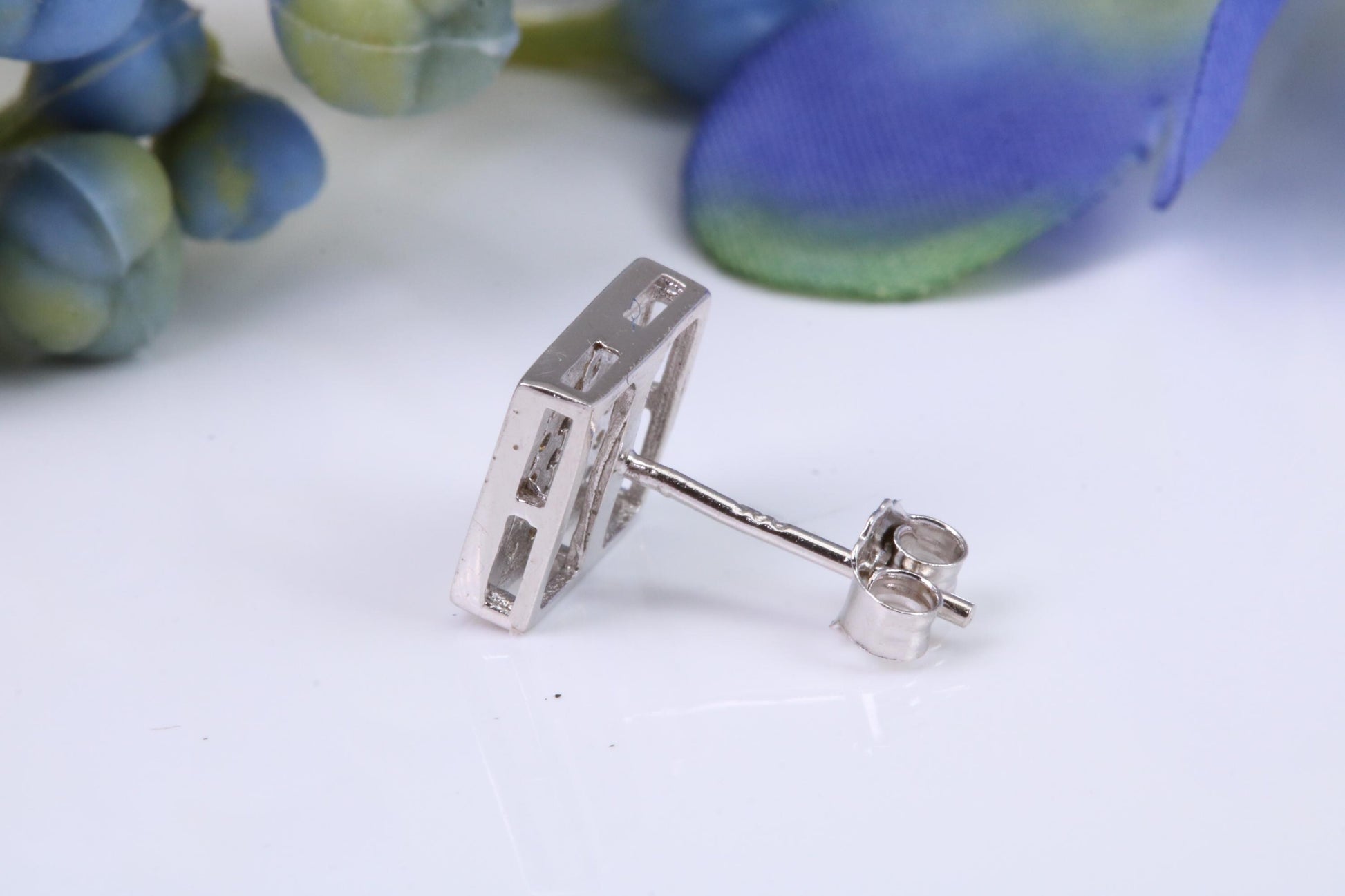 Mans Large 9 mm Square Black Diamond Cubic Zirconia set Single Stud Earring, Made from Solid Cast Sterling Silver, Ideal for Gents