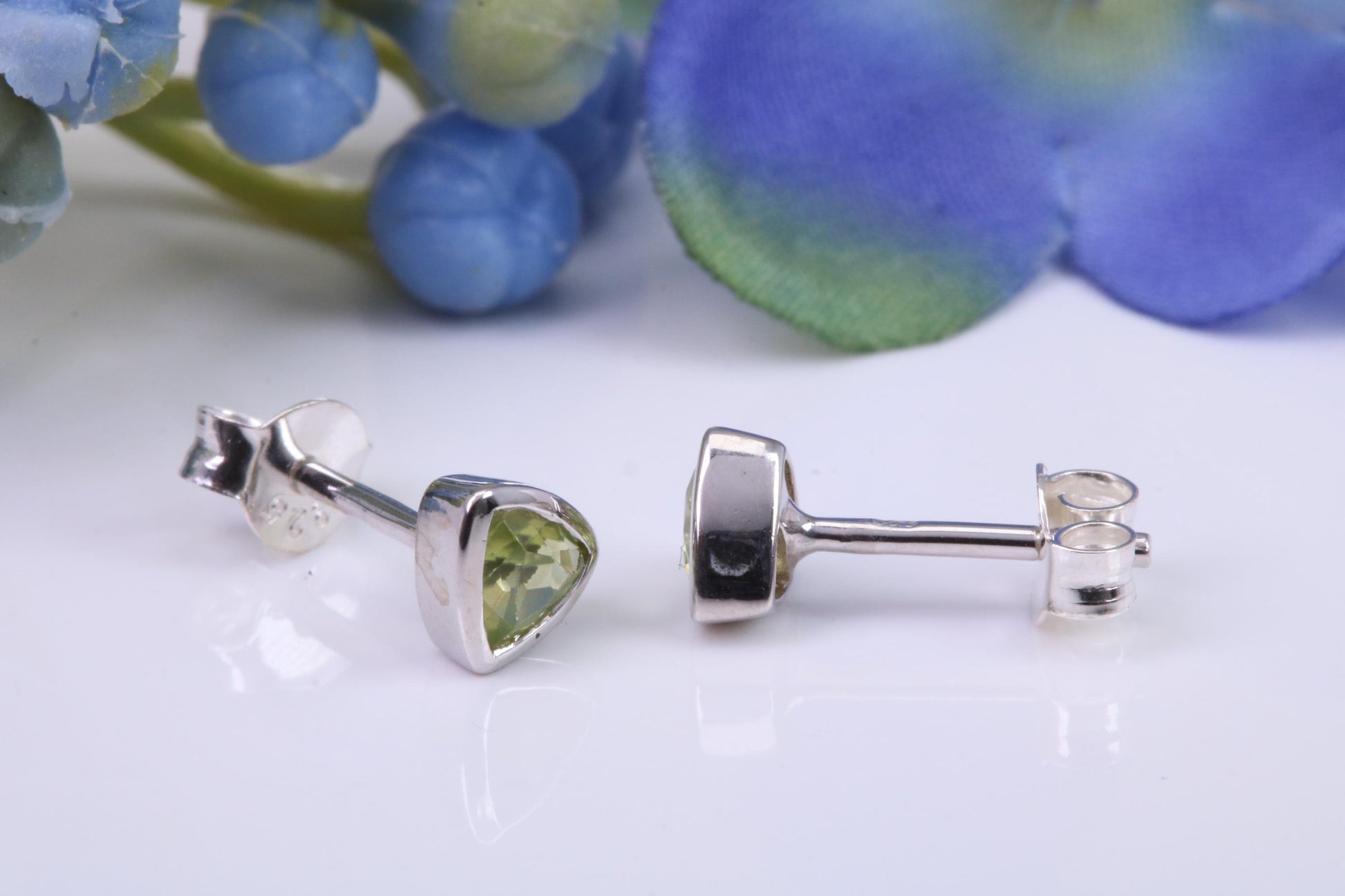Real Trillion cut Peridot set Stud Earrings, Very Dressy, Made from Solid 925 Grade Sterling Silver