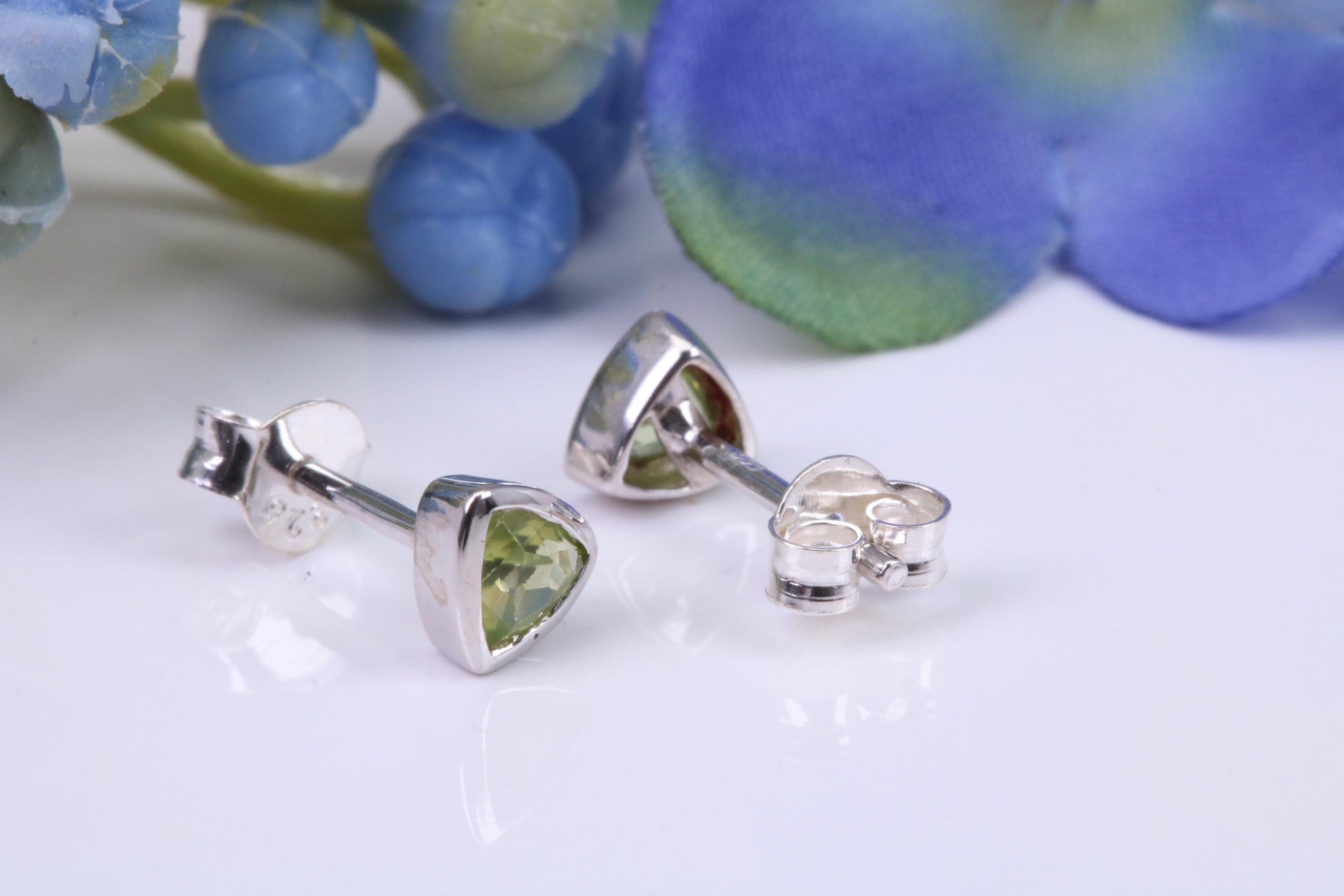 Real Trillion cut Peridot set Stud Earrings, Very Dressy, Made from Solid 925 Grade Sterling Silver