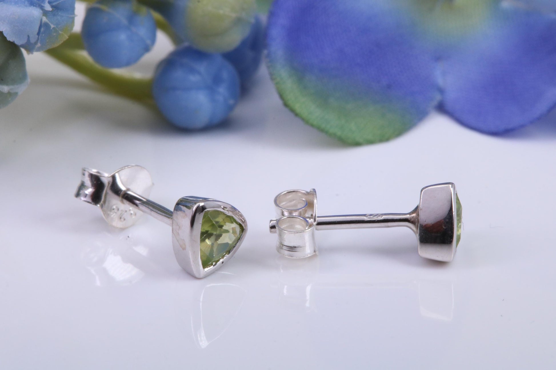 Real Trillion cut Peridot set Stud Earrings, Very Dressy, Made from Solid 925 Grade Sterling Silver