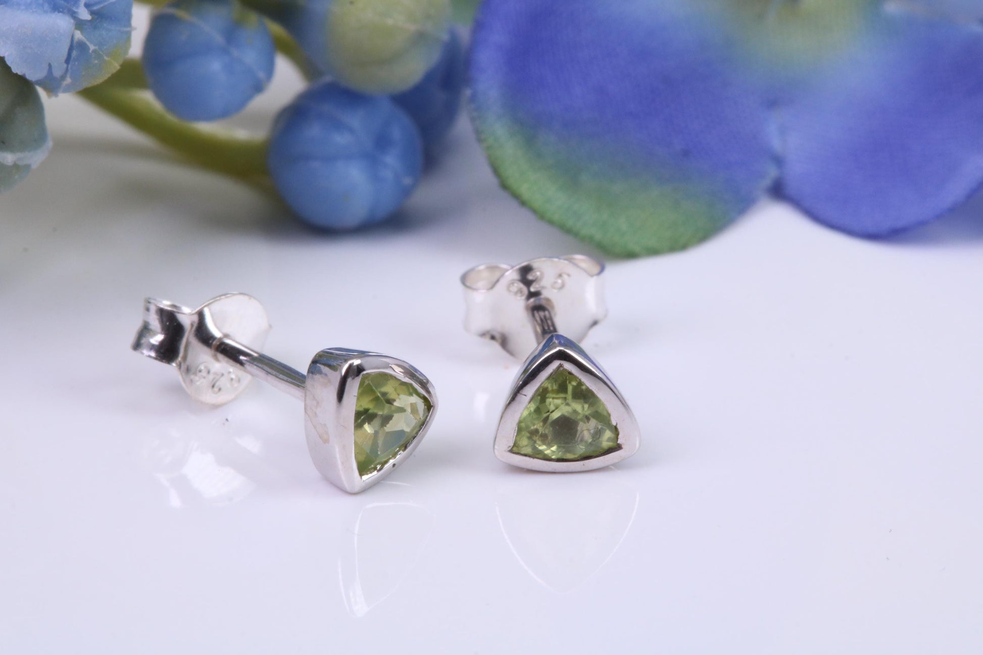 Real Trillion cut Peridot set Stud Earrings, Very Dressy, Made from Solid 925 Grade Sterling Silver
