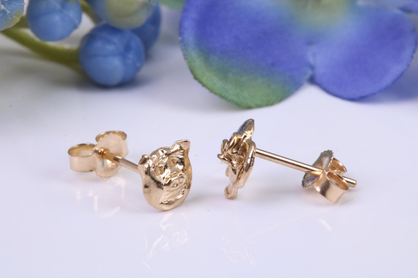 Pig Face and Pig Bum stud earrings, made from solid cast yellow gold