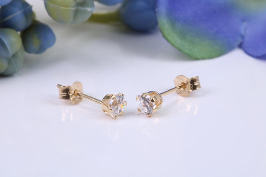 Small 3 mm Round Cubic Zirconia set Stud Earrings, Made from Solid 9ct Yellow Gold