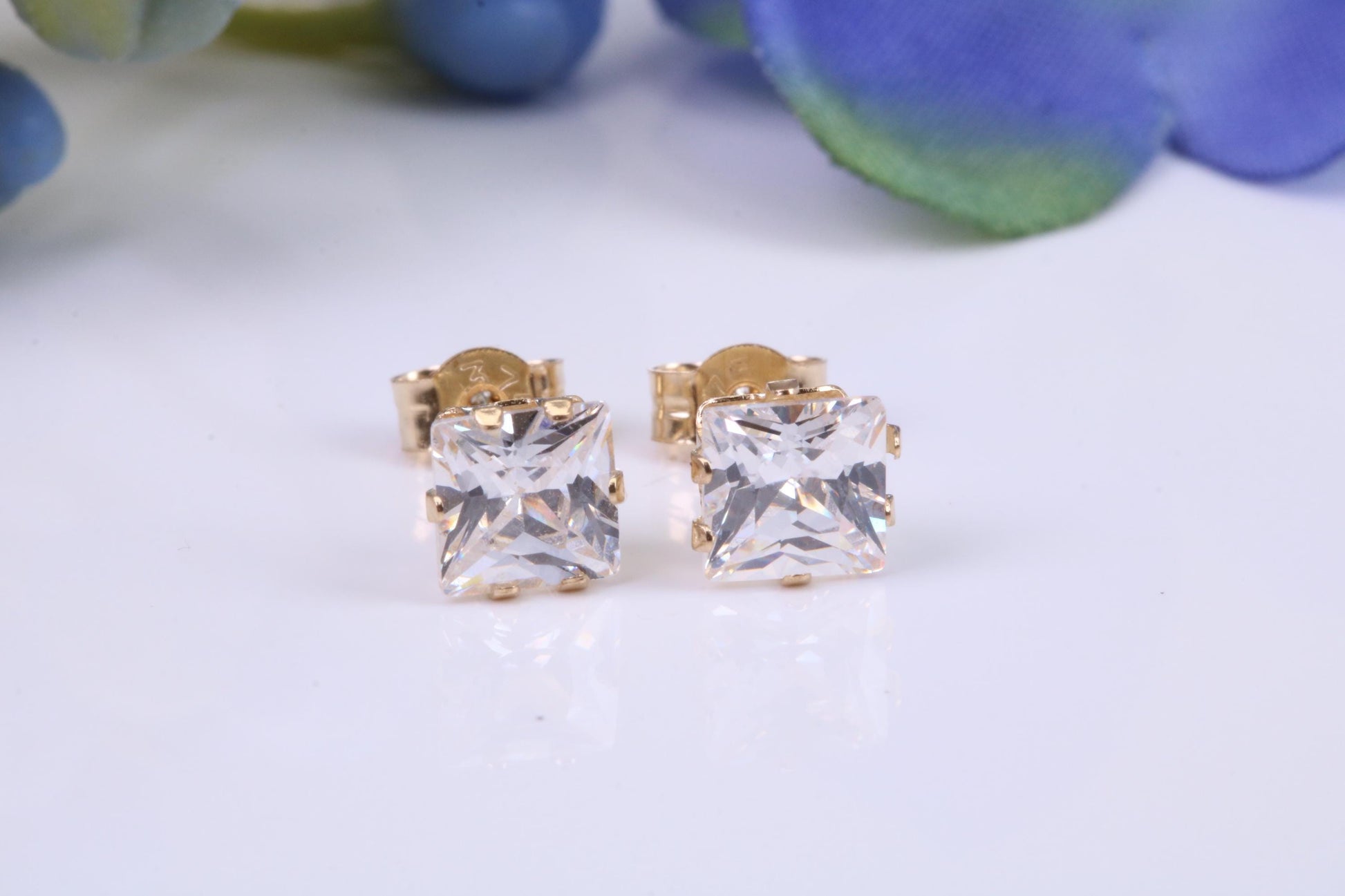5 mm Square Cubic Zirconia set Six Claw set Stud Earrings, Made from Solid 9ct Yellow Gold