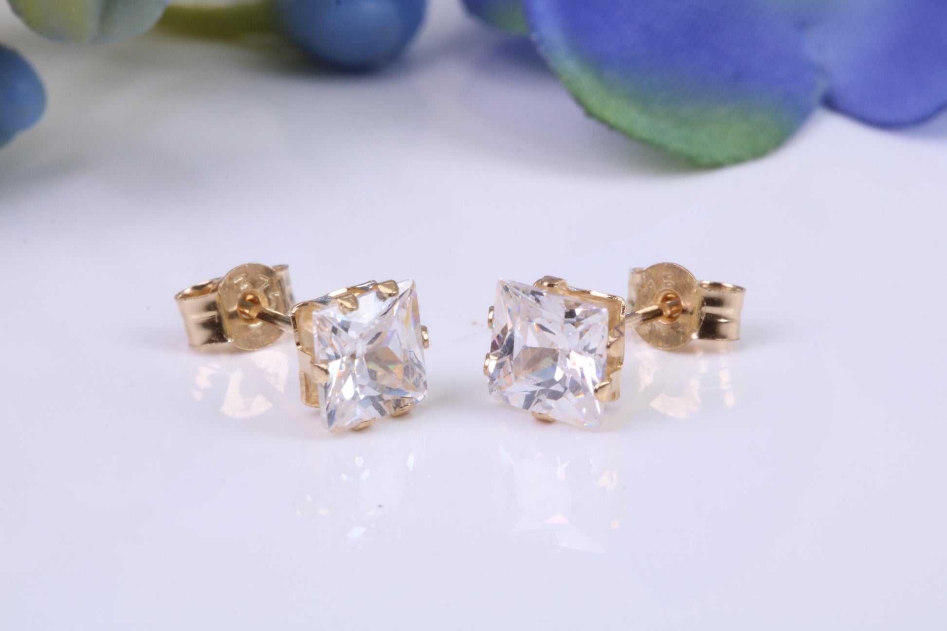 5 mm Square Cubic Zirconia set Six Claw set Stud Earrings, Made from Solid 9ct Yellow Gold