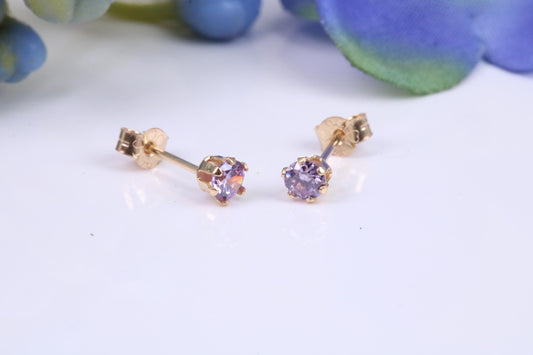 Small 3 mm Round Amethyst Cubic Zirconia set Stud Earrings, Made from Solid 9ct Yellow Gold