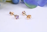 Small 3 mm Round Amethyst Cubic Zirconia set Stud Earrings, Made from Solid 9ct Yellow Gold