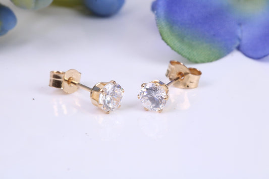 4 mm Round Cubic Zirconia Six Claw set Stud Earrings, Made from Solid 9ct Yellow Gold