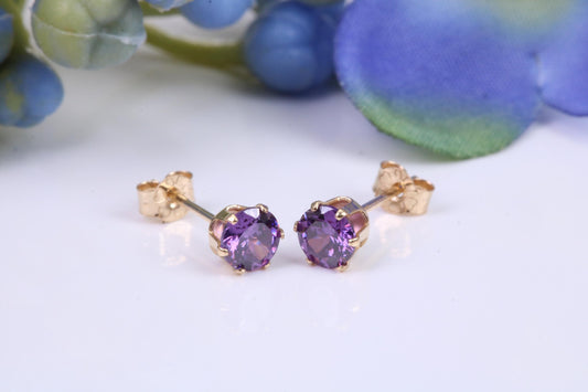 Small 4 mm Round Amethyst Cubic Zirconia set Stud Earrings, Made from Solid 9ct Yellow Gold