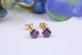 Small 4 mm Round Amethyst Cubic Zirconia set Stud Earrings, Made from Solid 9ct Yellow Gold